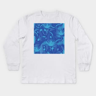 Blue tropical leaves exotic print Kids Long Sleeve T-Shirt